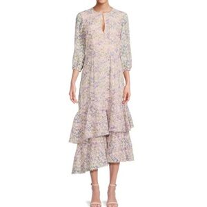 MIKAEL AGHAL Embroidered Asymmetric elbow sleeve Midi Dress